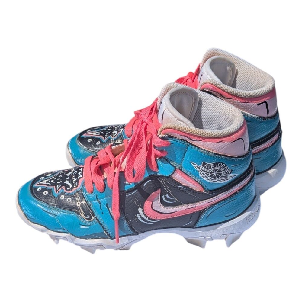 Custom Jordan Air Jordan 1 Unisex Leather Cleats White Pink Blue Kids 3Y HF6883